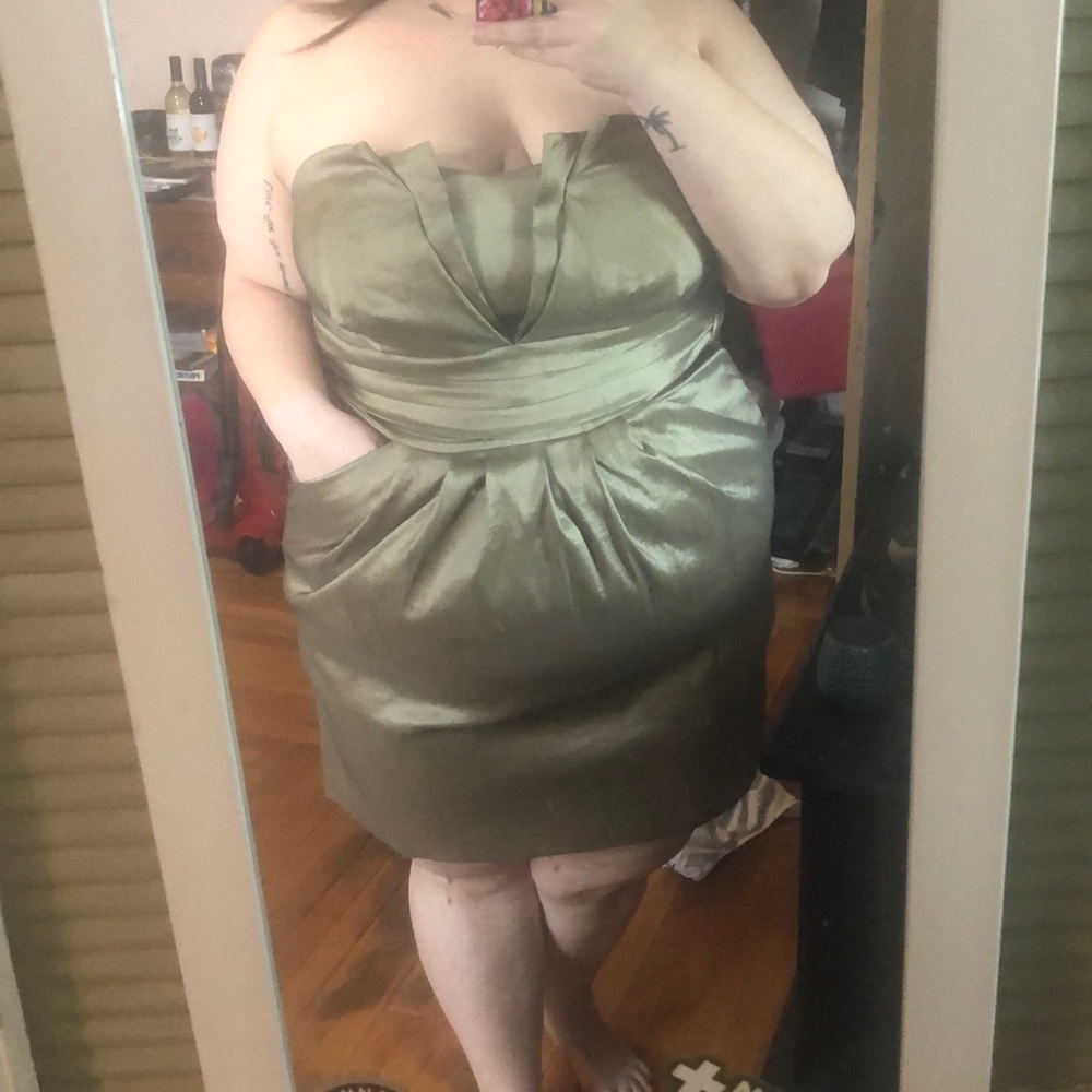 Strapless olive green gold dress